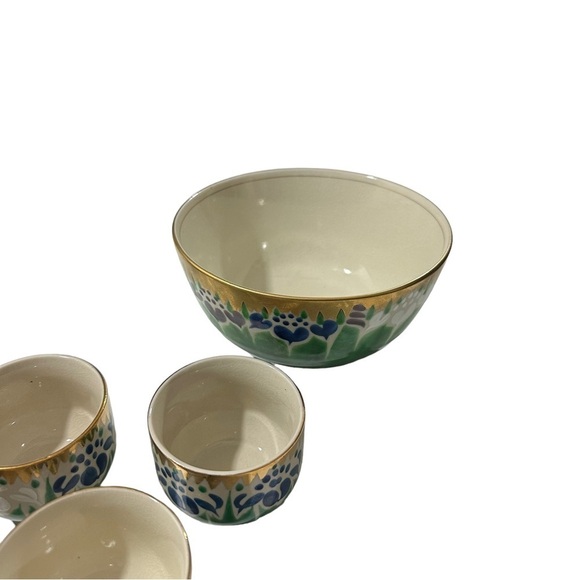 Vtg Kutani Tea Set of 7 Shobu Yunomi Yaki Gold Gilt Green Blue Tea Pot Cups Bowl - Picture 4 of 16